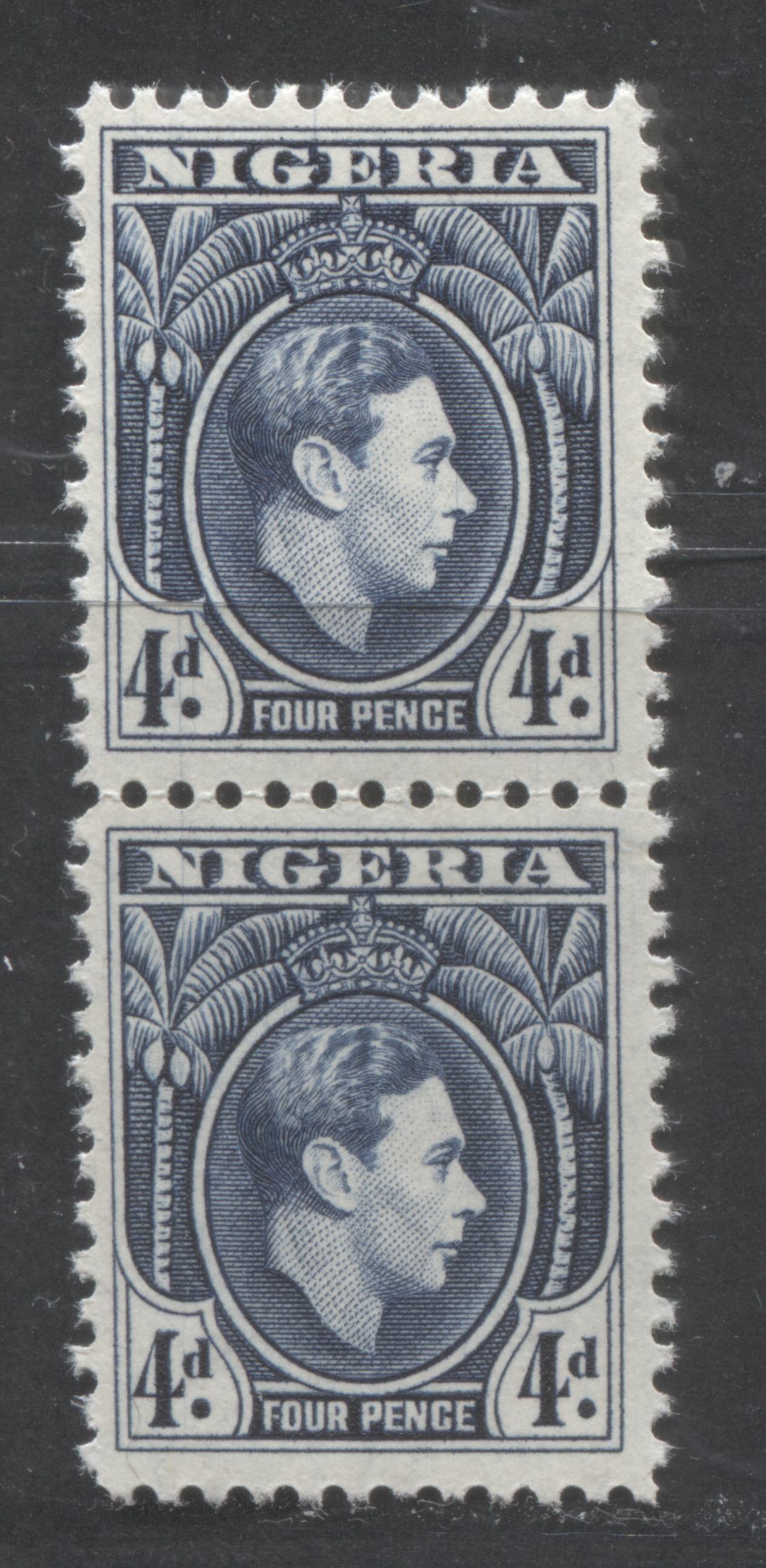 Nigeria #68var (SG#54avar) 4d Blue King George VI, 1938-1952 King George VI Definitive Issue, A VFNH Vertical Pair, Line Perf 12, 1945 Printing, Constant Vertical Scratch From Left "D" To Stop & From "N" To Bottom Of Next Stamp