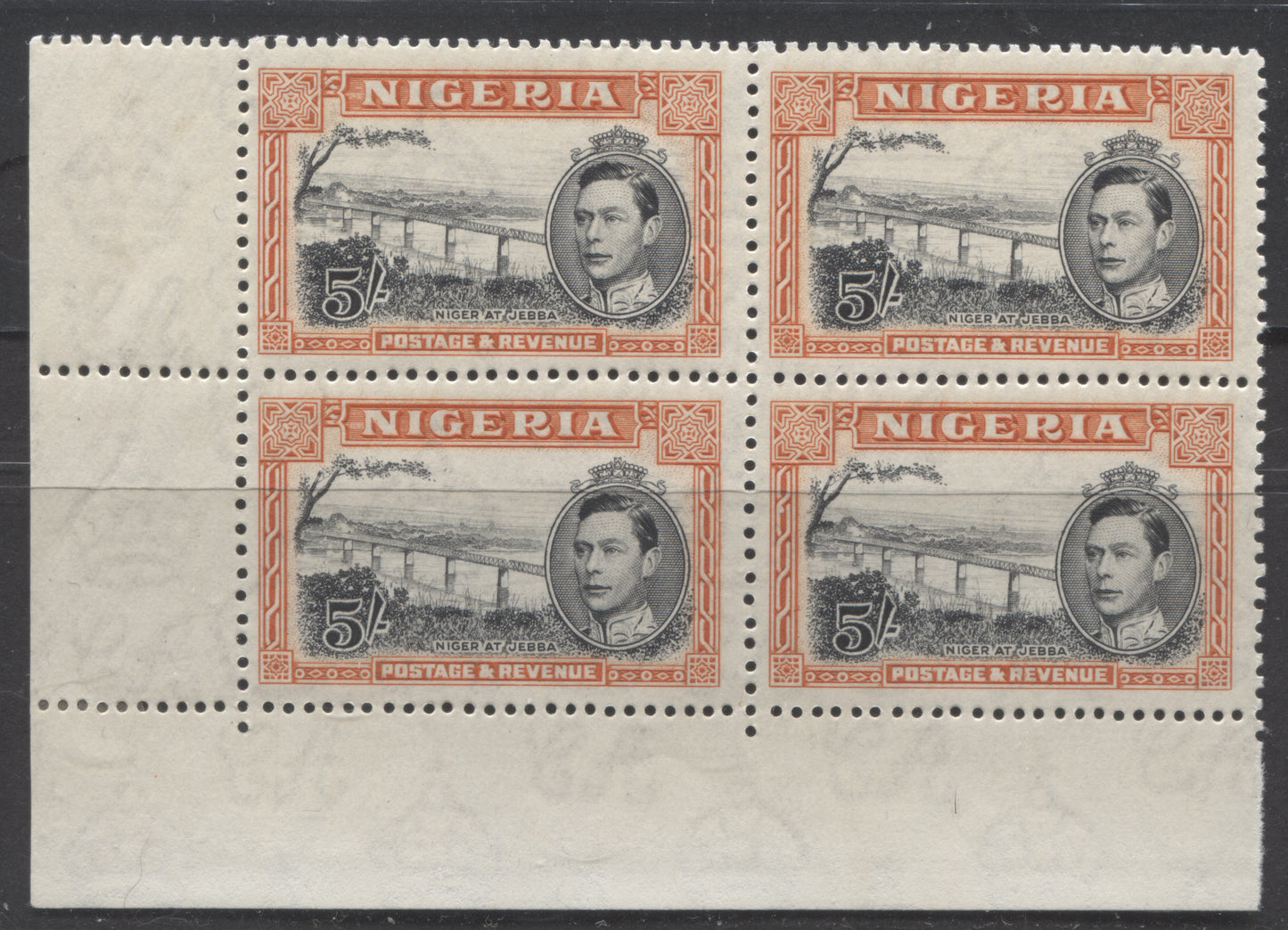 Nigeria #64cvar (SG#59var) 5/- Black & Orange King George VI & Niger Bridge, 1938-1952 King George VI Definitive Issue, A Fine NH/OG LL Corner Block, Comb Perf. 13 x 11.5, 1938 Printing, Vertical Scratch In Sky Variety