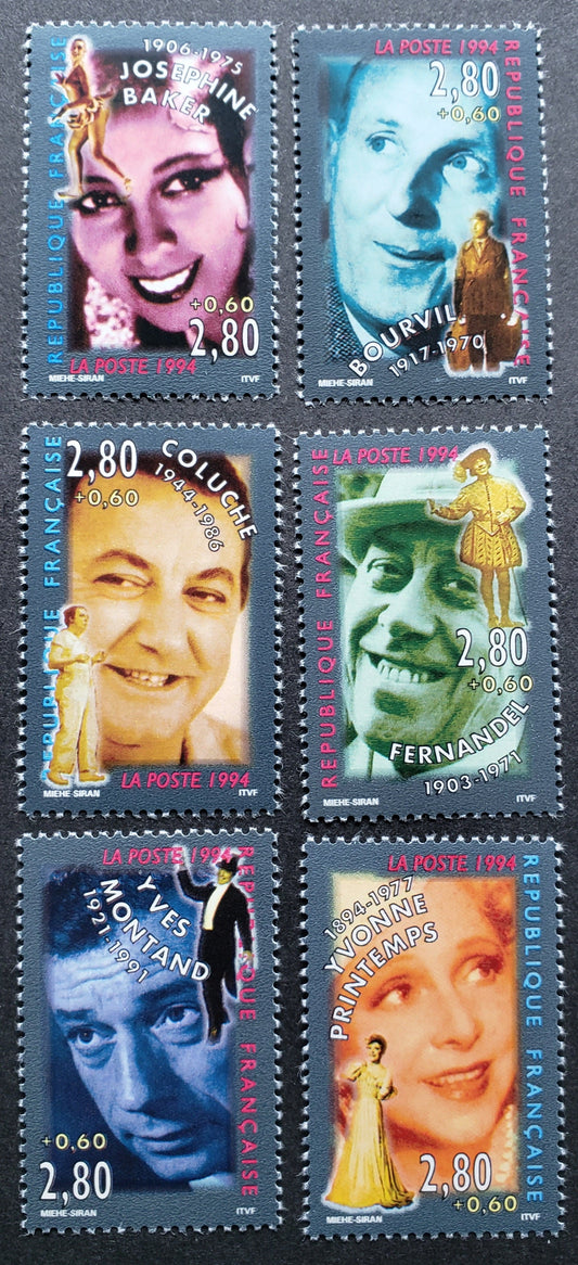 France SC#B656-B661 1994 Stage & Screen Personalities, 6 VFNH Singles, Click on Listing to See ALL Pictures, 2017 Scott Cat. $7.5