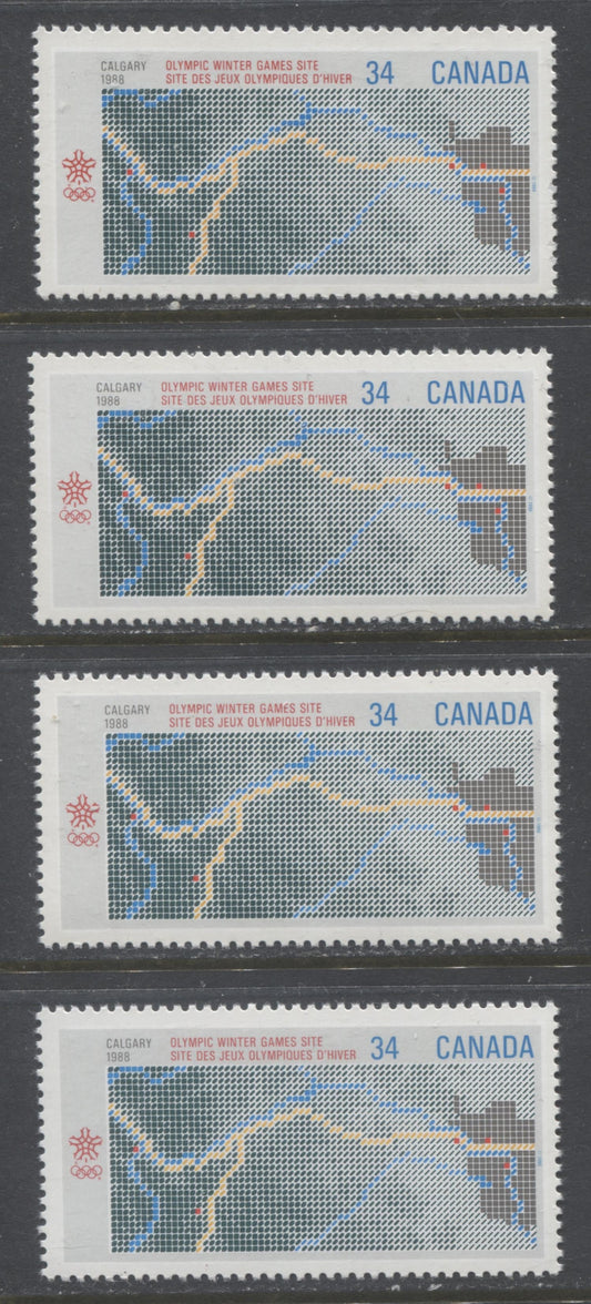 Canada #1077-1077i 34c Multicolored Map, 1986 Olympic Winter Games Issue, 4 VFNH Singles On NF/NF, LF/LF, F/MF6 and MF6/HF8 Rolland Papers