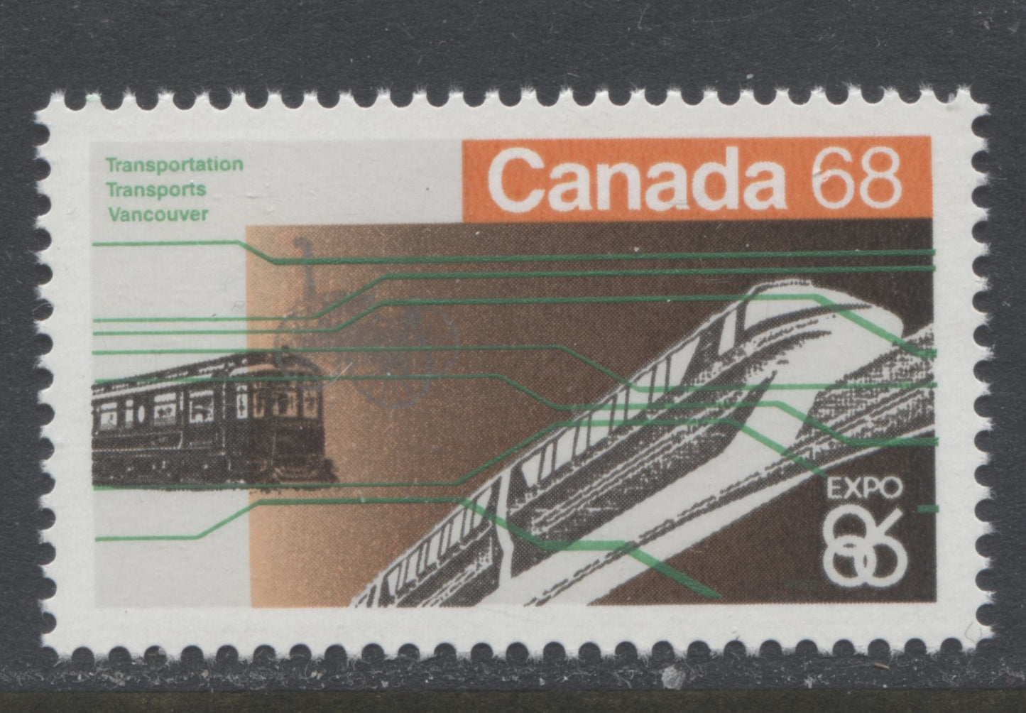 Canada #1093var 68c Multicoloured Skytrain, 1986 Expo'86 Issue, A VFNH Single Showing Slight Rightward Shift of Green