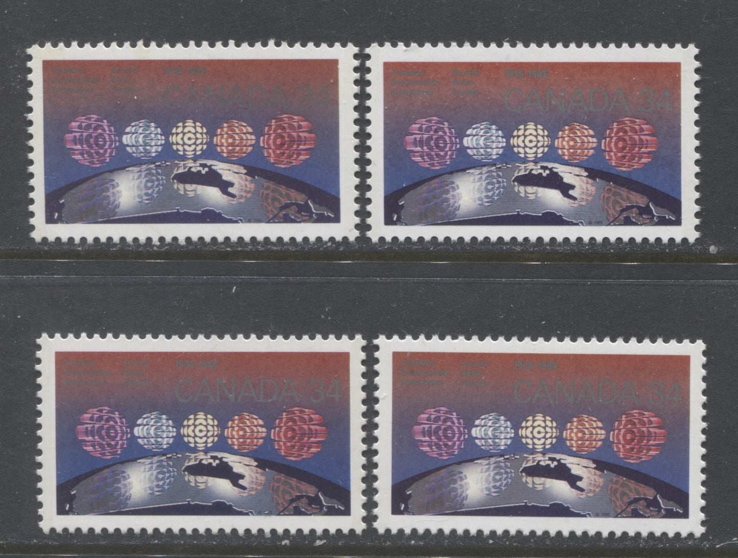 Lot 94 Canada #1103-1103i 34c Multicoloured CBC Logo Over Canada, 1986 50th Anniversary of the CBC Issue, 4 VFNH Singles NF/NF, F/HF8, F/HF7 And LF/F5 Rolland Papers