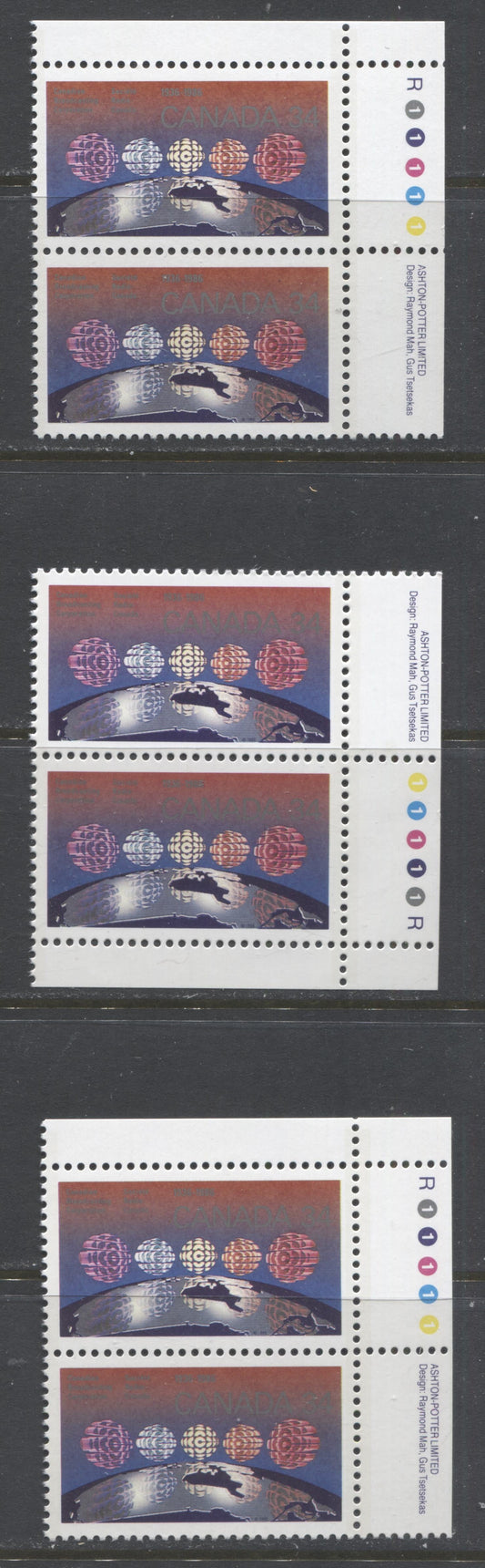 Canada #1103-1103i 34c Multicoloured CBC Logo Over Canada, 1986 50th Anniversary of the CBC Issue, 3 VFNH Inscription Pairs NF/NF, F/HF8 and F/HF7 Rolland papers