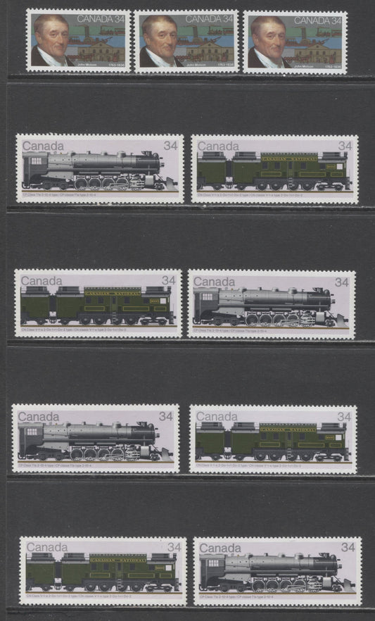 Canada #1117, 1117i, 1118-1119i 34c Multicoloured Various Trains & John Molson, 1986 Locomotives & John Molson  Issues, 11 VFNH Singles F/DF, LF/LF, LF/F, HF/DF, HF/LF & LF/DF Rolland Papers