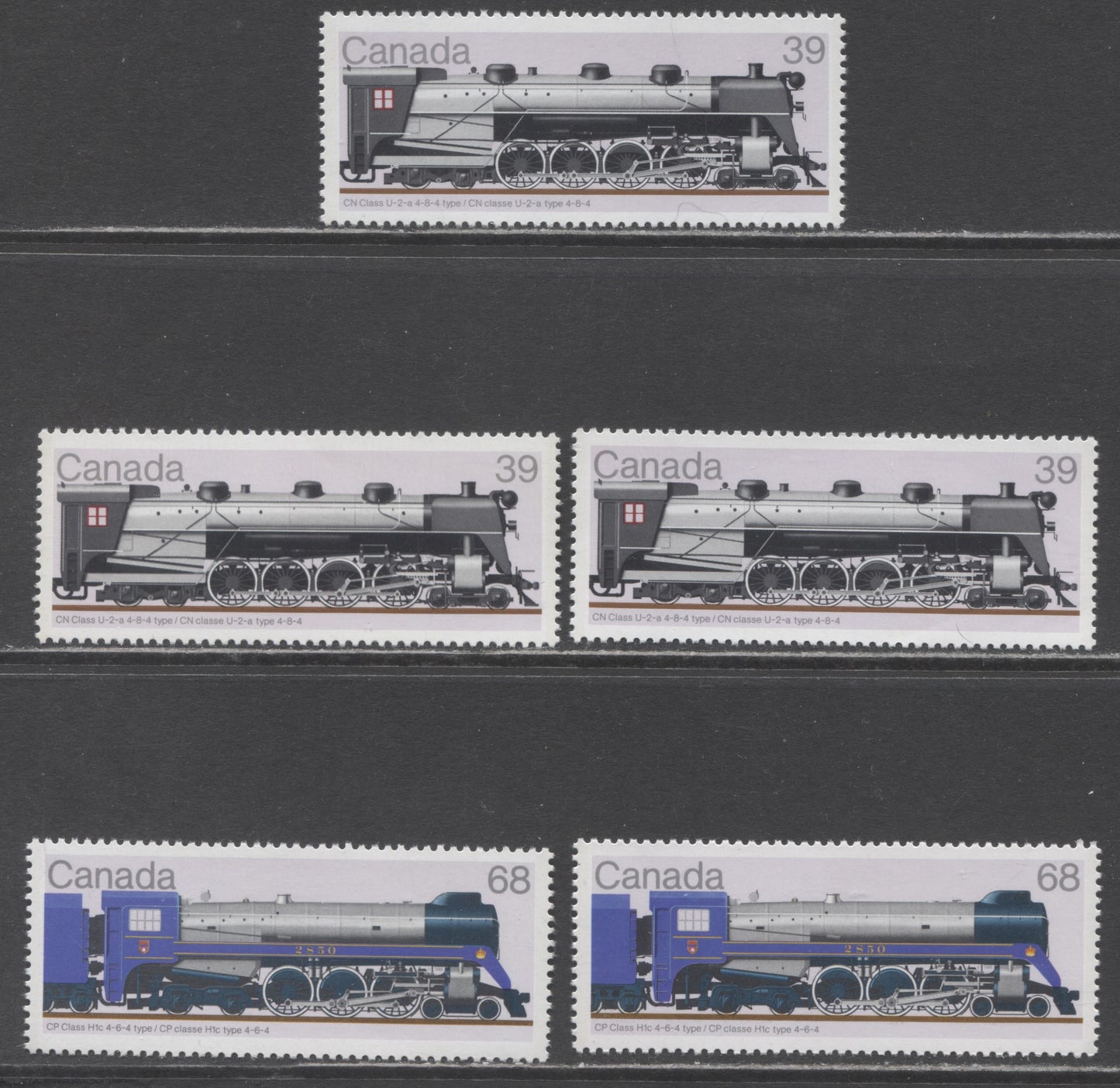 Canada #1120, 1120i-ii, 1121, 1121ii 39c, 68c Multicoloured Various Trains, 1986 Locomotive Issues, 5 VFNH Singles DF/HF, LF/MF, DF/LF, DF/MF And MF/LF Rolland Papers