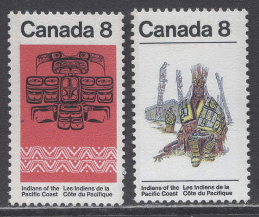 Canada #572var-573var 8c Multicoloured Chief & Blanket & Thunderbird, 1974 Pacific Coast Indians Issue, 2 VFNH Singles Unlisted LF/MF Paper