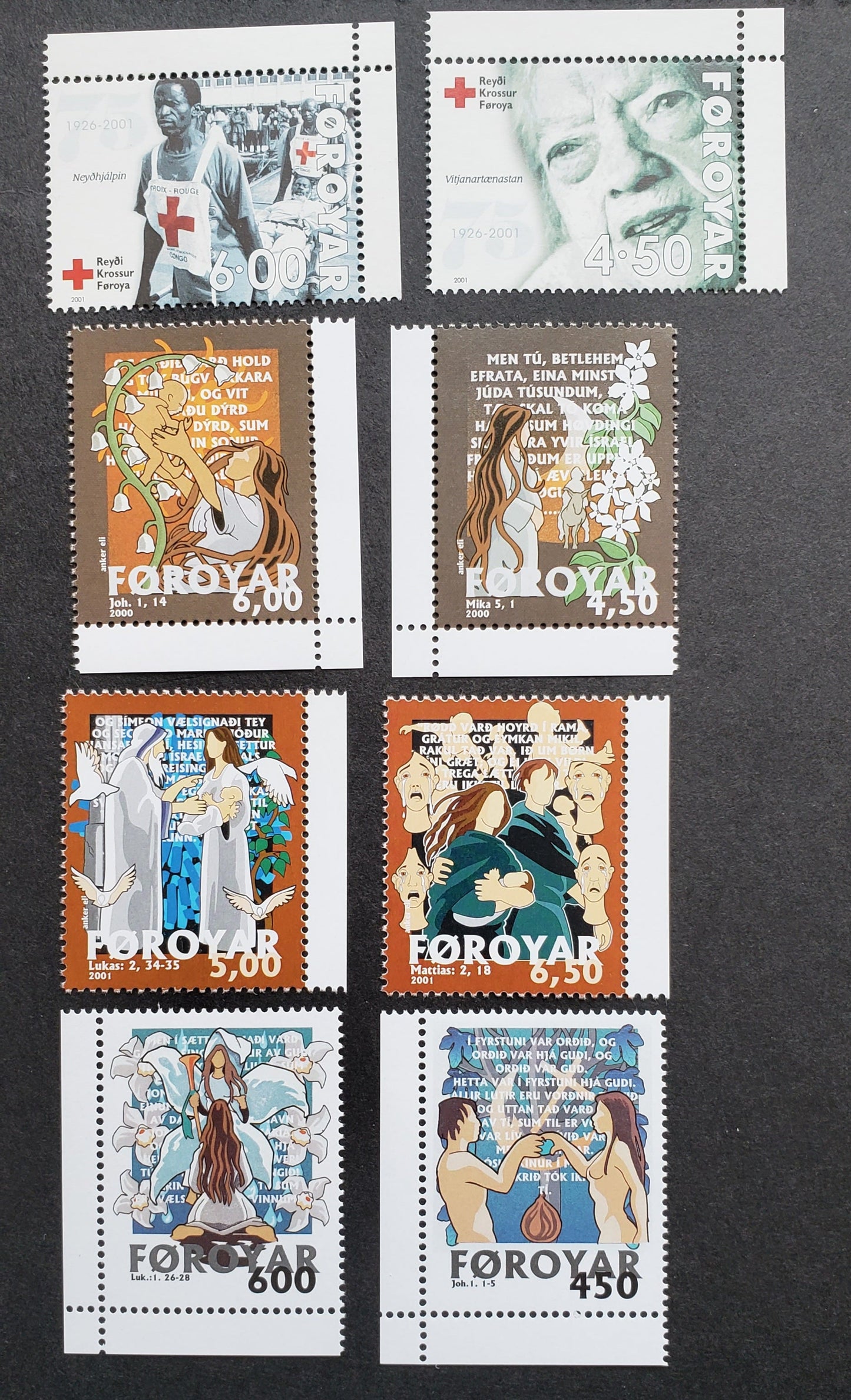 Faroe Islands SC#368/408 1999-2001 Bible Stories, 8 VFNH Singles, Click on Listing to See ALL Pictures, 2017 Scott Cat. $14.25