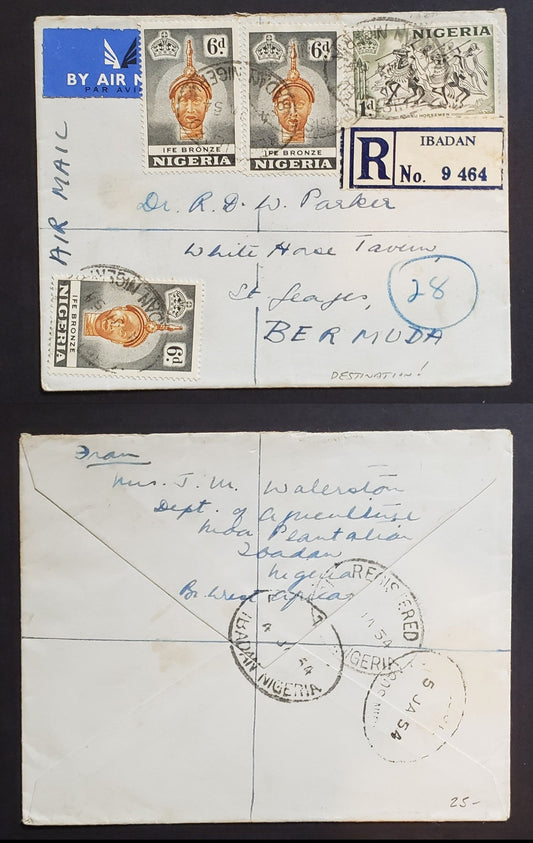 Nigeria #81, 86 1d, 6d Bronze Green & Black & Orange Brown & Black Bornu Horsemen & Ife Bronze, 1953-1960 Queen Elizabeth II Pictorial Issue, A VF Registered Airmail Cover To Bermuda Sent January 5, 1954, 1/7d Rate