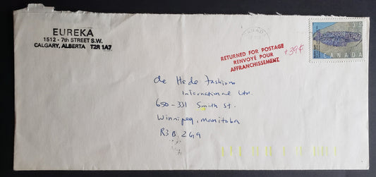 Canada #1282 39c Multicoloured Soft Invertibrate, 1990 Prehistoric Life Issue, A VF Shortpaid Commercial Double-Weight Domestic Cover Franked With A Single, Handstamped "Returned For Postage" With 39c Indicated In Red Pen