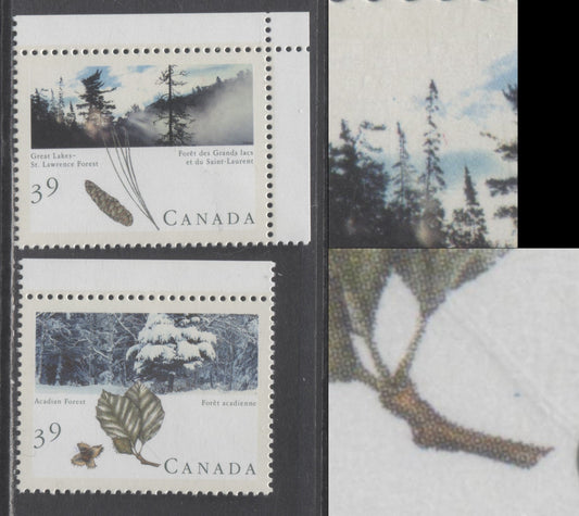 Canada #1283var, 1284var 39c Multicoloured Great Lakes & Acadian Forests, 1990 Majestic Forests of Canada Issue, 2 VFNH Singles Shiny Tagging, Showing Bird Above Tree (Pos. 5) And Tree Seed (Pos. 4) Varieties, Possibly Tertiary Or Constant