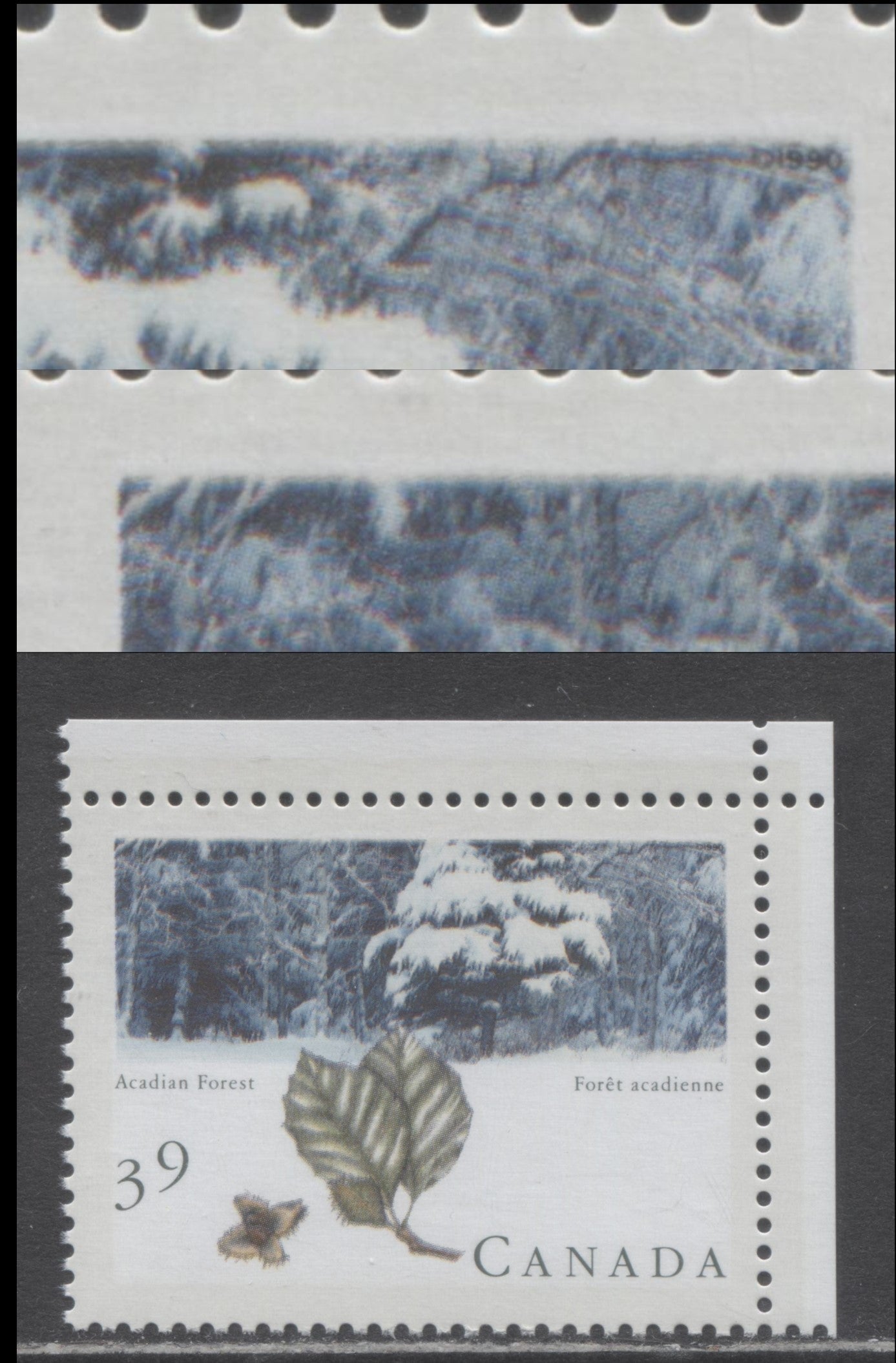 Canada #1283aivar 39c Multicoloured Acadian Forest, 1990 Majestic Forests of Canada Issue, A VFNH Single From Petro-Can Steetlets, DF/DF Peterborough Paper, Showing 1/2 mm Downward Shift Of Blue