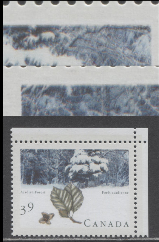 Canada #1283aivar 39c Multicoloured Acadian Forest, 1990 Majestic Forests of Canada Issue, A VFNH Single From Petro-Can Steetlets, DF/DF Peterborough Paper, Showing 1/2 mm Downward Shift Of Blue