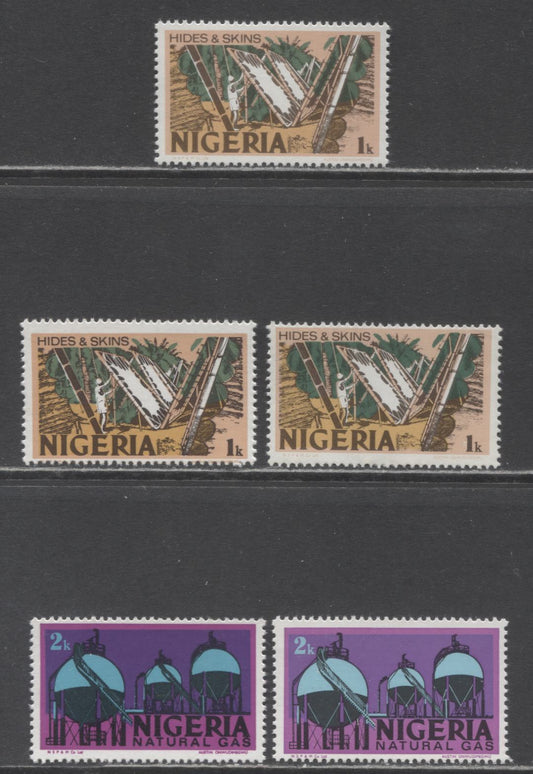 Nigeria #291-292&var 1k-2K Hides & Skins & Natural Gas, 1973-1974 Nigerian Life & Industry Definitive Issue - Unwatermarked & Lithographed, 5 Fine & VFNH Singles Various Shiny Gum Arabic & PVA Gum Printings, Different From Lot 443 and 444