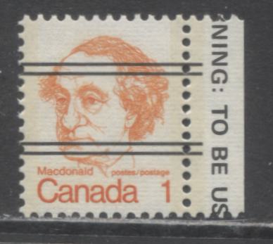 Lot 108 Canada #586xxiivar 1c Orange Sir John A Macdonald, 1973-1978 Caricature Issue, A VFNH Single Precancelled, DF/LF3 Horizontal Ribbed Paper, Ghost Tag Bar Down Left Side Of Right Tag Bar