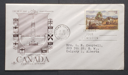 Canada #601 $2 Multicoloured Quebec City, 1972-1979 Landscape Definitive Issue, A VF Rosecraft Type C FDC Franked With A Single On LF Paper, Addressed