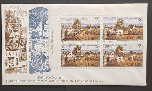 Canada #601 $2 Multicoloured Quebec City, 1972-1979 Landscape Definitive Issue, A VF Canada Post Official FDC Franked With An UL Plate Block On LF Smooth Paper