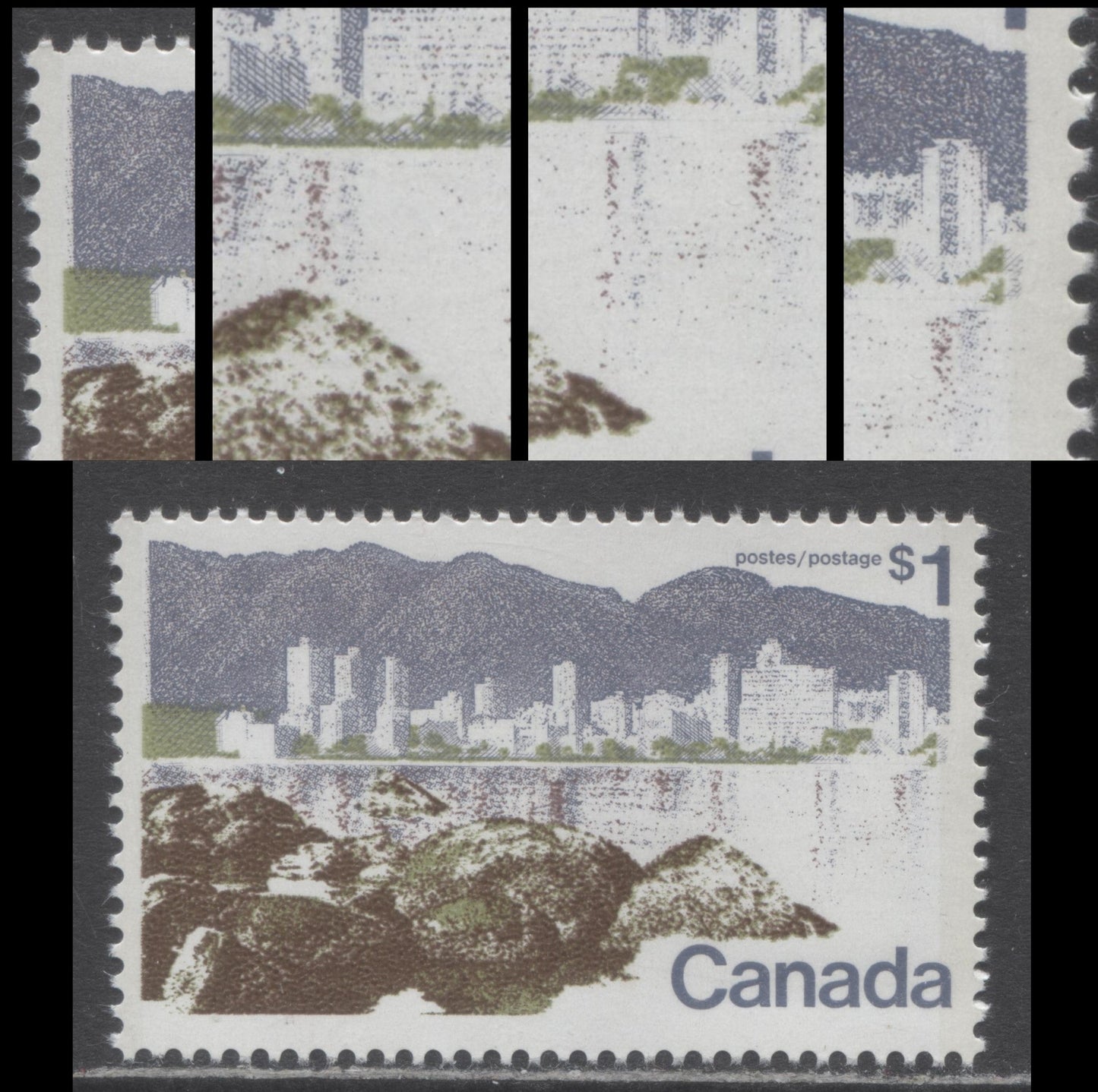 Canada #599var $1 Multicoloured Vancouver, 1972-1979 Landscape Definitive Issue, A VFNH Single Perf. 12.5 x 12, DF2/DF Paper, Rightward Shift Of Slate Lilac
