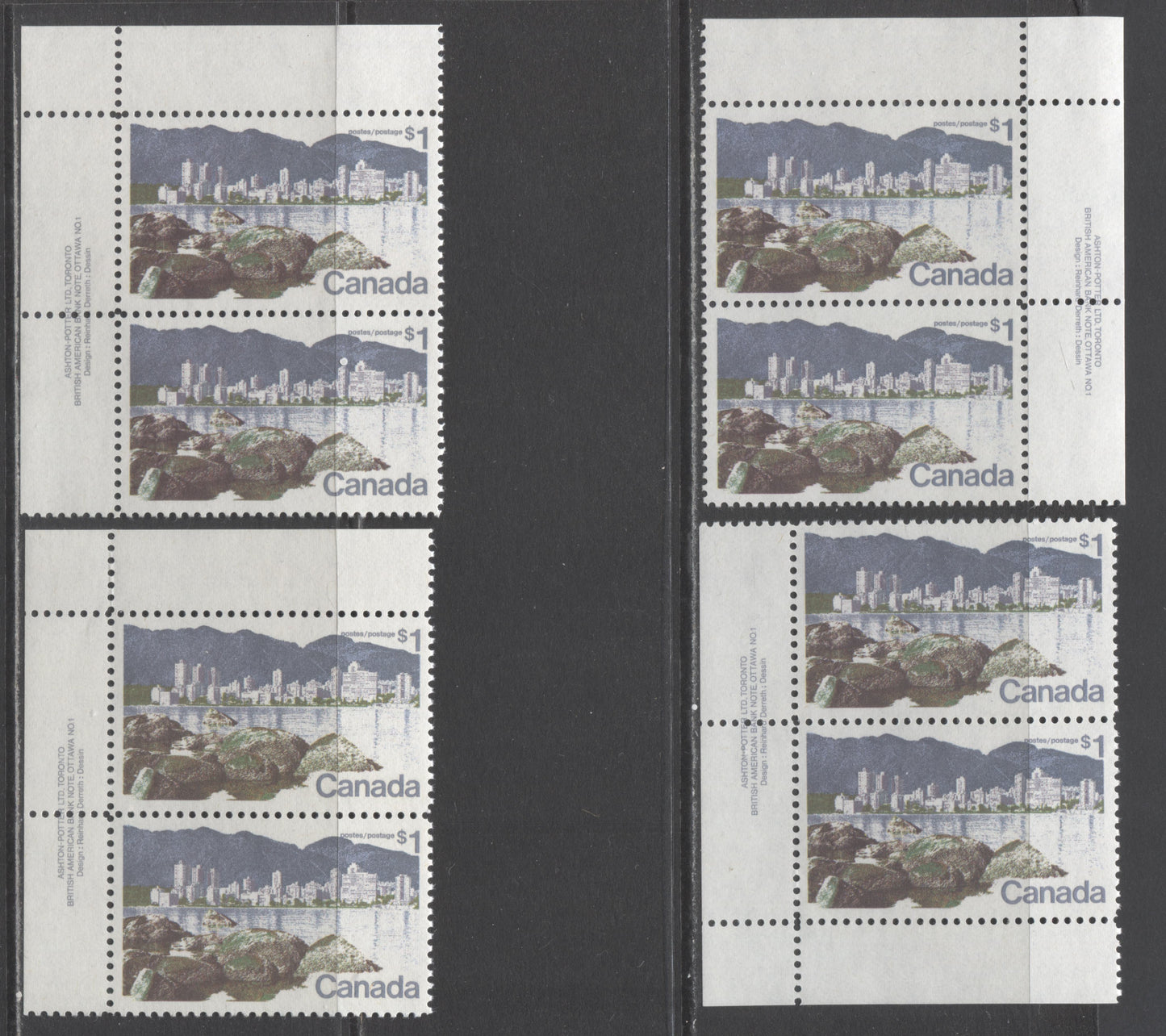 Canada #600 $1 Multicoloured Vancouver, 1972-1979 Landscape Definitive Issue, 4 VFNH Plate 1 Pairs Perf. 11 On Different MF6/LF4-fl and MF6/LF3-fl Papers