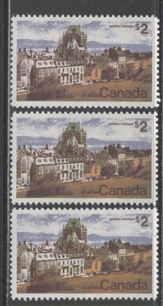 Canada #601 $2 Multicoloured Quebec City, 1972-1979 Landscape Definitive Issue, 3 VFNH Singles Plate 1, F/LF3-fl, MF6/LF4-fl and MF6/LF4 Papers