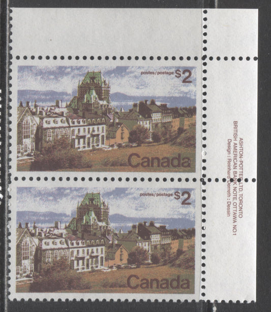 Canada #601 $2 Multicoloured Quebec City, 1972-1979 Landscape Definitive Issue, A VFNH Plate 1 Pair On MF6-fl/LF4-fl Paper Containing Very Sparse LF Fibres