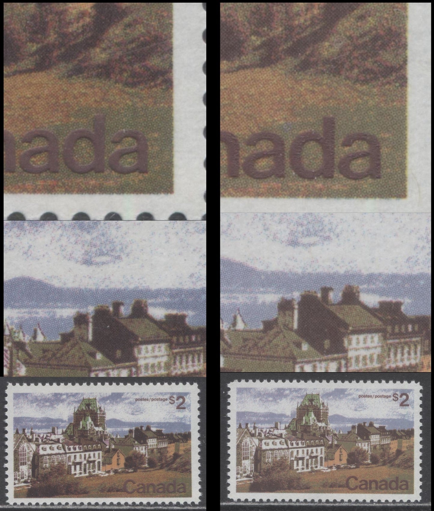 Canada #601 $2 Multicoloured Quebec City, 1972-1979 Landscape Definitive Issue, A VFNH Plate 1 Pair On MF6-fl/LF4-fl Paper Containing Very Sparse LF Fibres