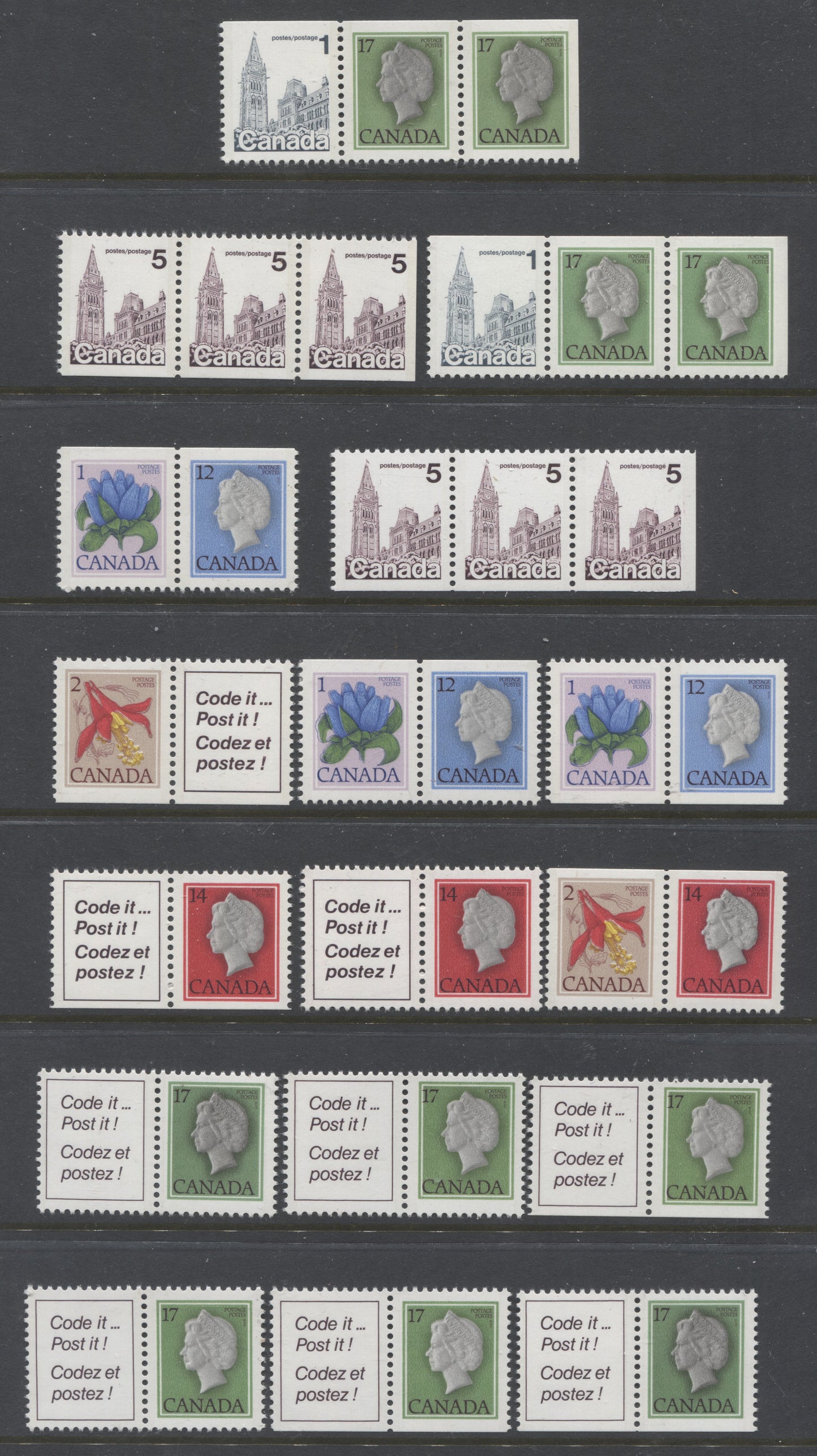 Canada #713a-781a, 713ai-781ai, 716as, 782b 1c-17c Multicoloured , 1977-1985 Floral & Environment Issue, 13 VFNH Booklet Pairs & 4 Strips Of 3 On Various DF And LF Papers, Including Shades