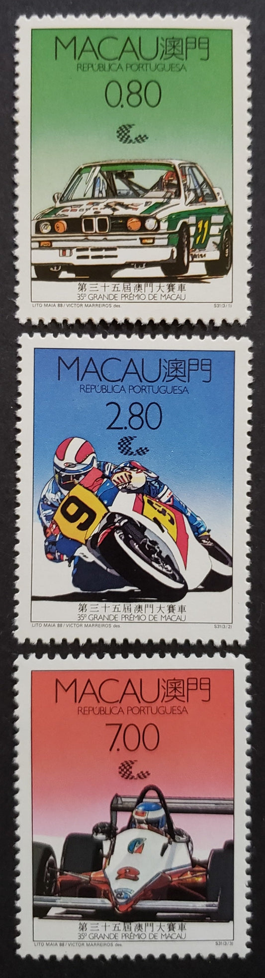 Lot 103 Macao SC#580/582 1988 Macao Grand Prix Issue, 3 VFOG Singles, Click on Listing to See ALL Pictures, 2017 Scott Cat. $15