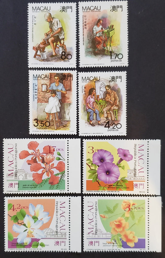 Lot 112 Macao SC#640/655 1991 Occupations / Flowers Issues, 8 VFNH & VFOG Singles, Click on Listing to See ALL Pictures, 2017 Scott Cat. $23.75