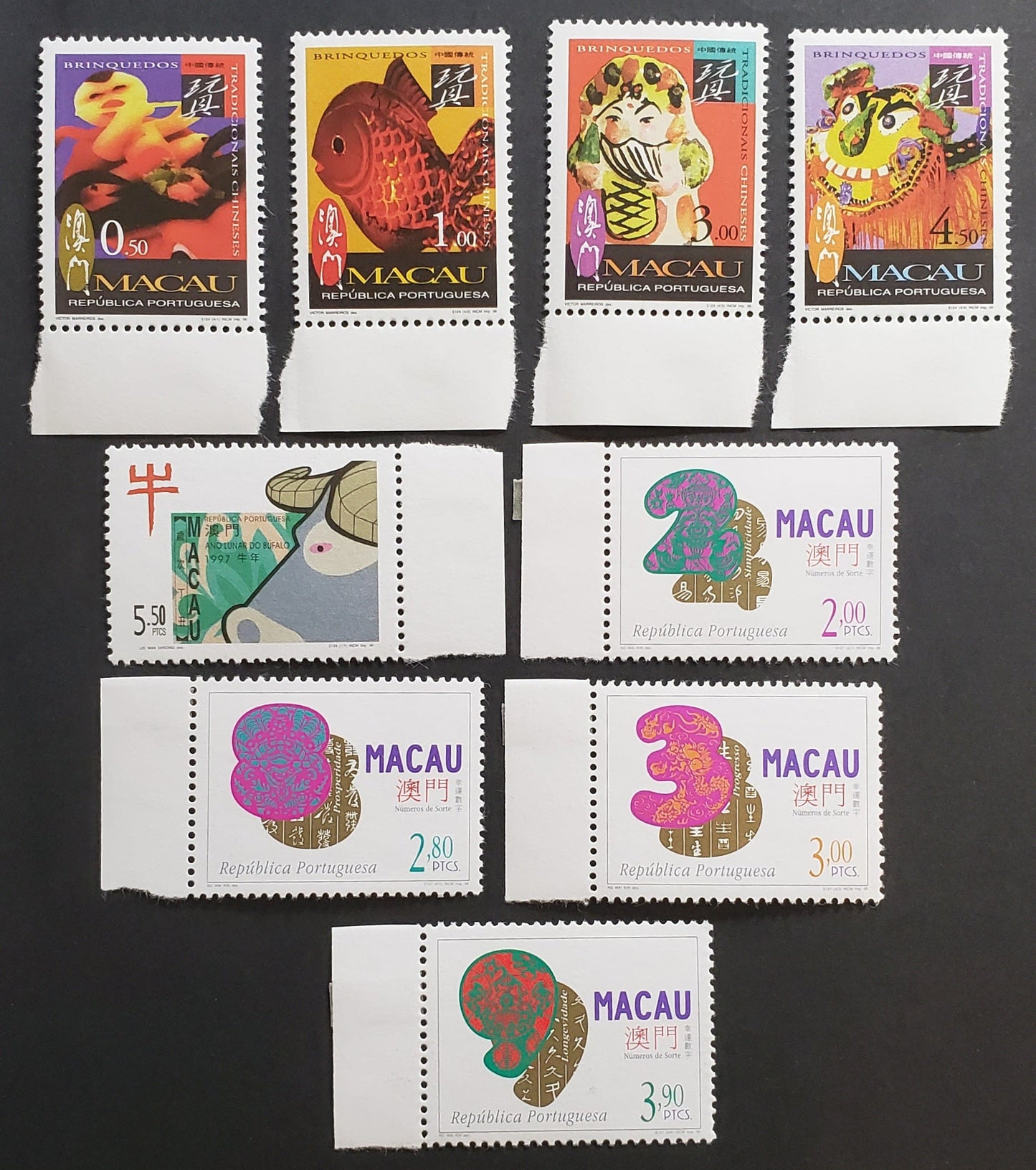 Lot 131 Macao SC#849/858 1996-1997 Traditional Chinese Toys / Lucky Numbers Issues, 9 VFNH Singles, Click on Listing to See ALL Pictures, 2017 Scott Cat. $16.4