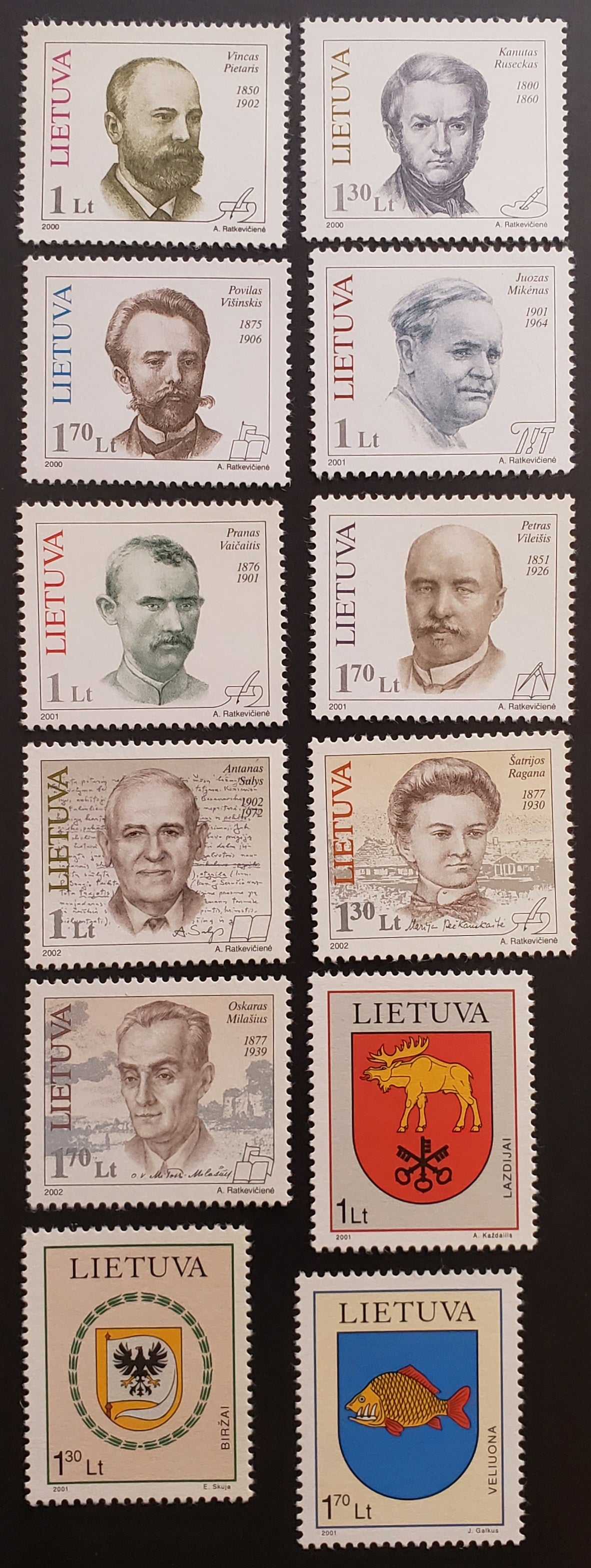 Lot 16 Lithuania SC#663/715 2000-2002 Famous People And Coat Of Arms Issues, 12 VFNH Singles, Click on Listing to See ALL Pictures, 2017 Scott Cat. $11.95