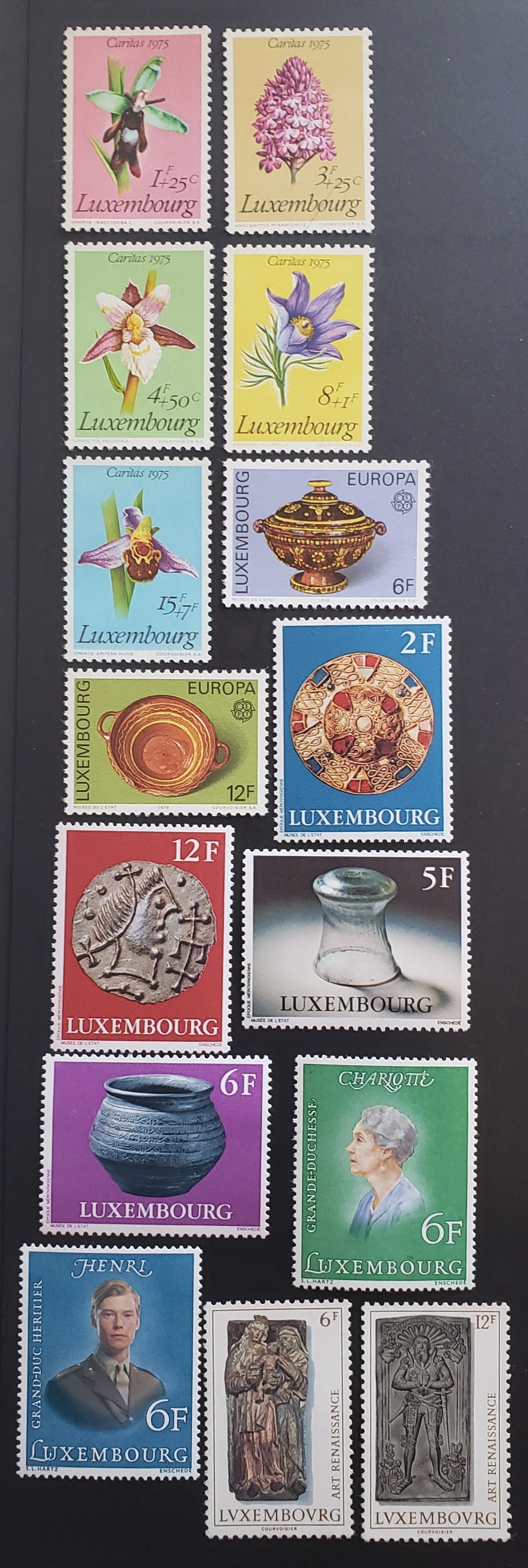 Lot 24 Luxembourg SC#B303/592 1975-1976 Flowers / Renaissance Sculptures Issues, 13 VFNH Singles, Click on Listing to See ALL Pictures, 2017 Scott Cat. $12.9