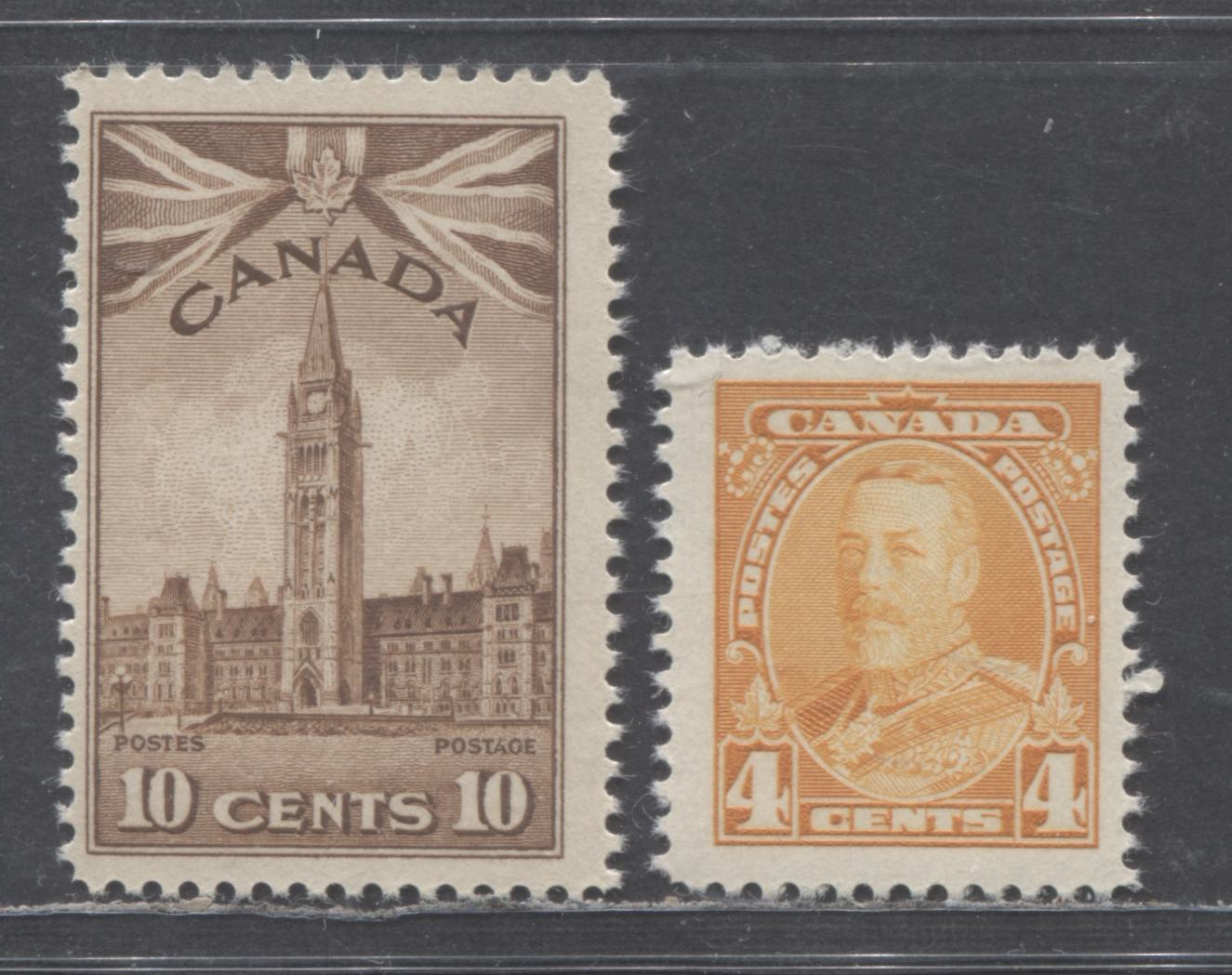 Canada #220, 257 4c, 10c Yellow & Brown King George V & Parliament Buildings, 1935-1949 Dated Die & War Issues, 2 Fine NH Singles On Vertical Wove Paper, White & Deep Brownish Gums