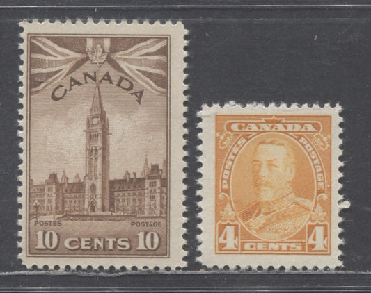 Canada #220, 257 4c, 10c Yellow & Brown King George V & Parliament Buildings, 1935-1949 Dated Die & War Issues, 2 Fine NH Singles On Vertical Wove Paper, White & Deep Brownish Gums