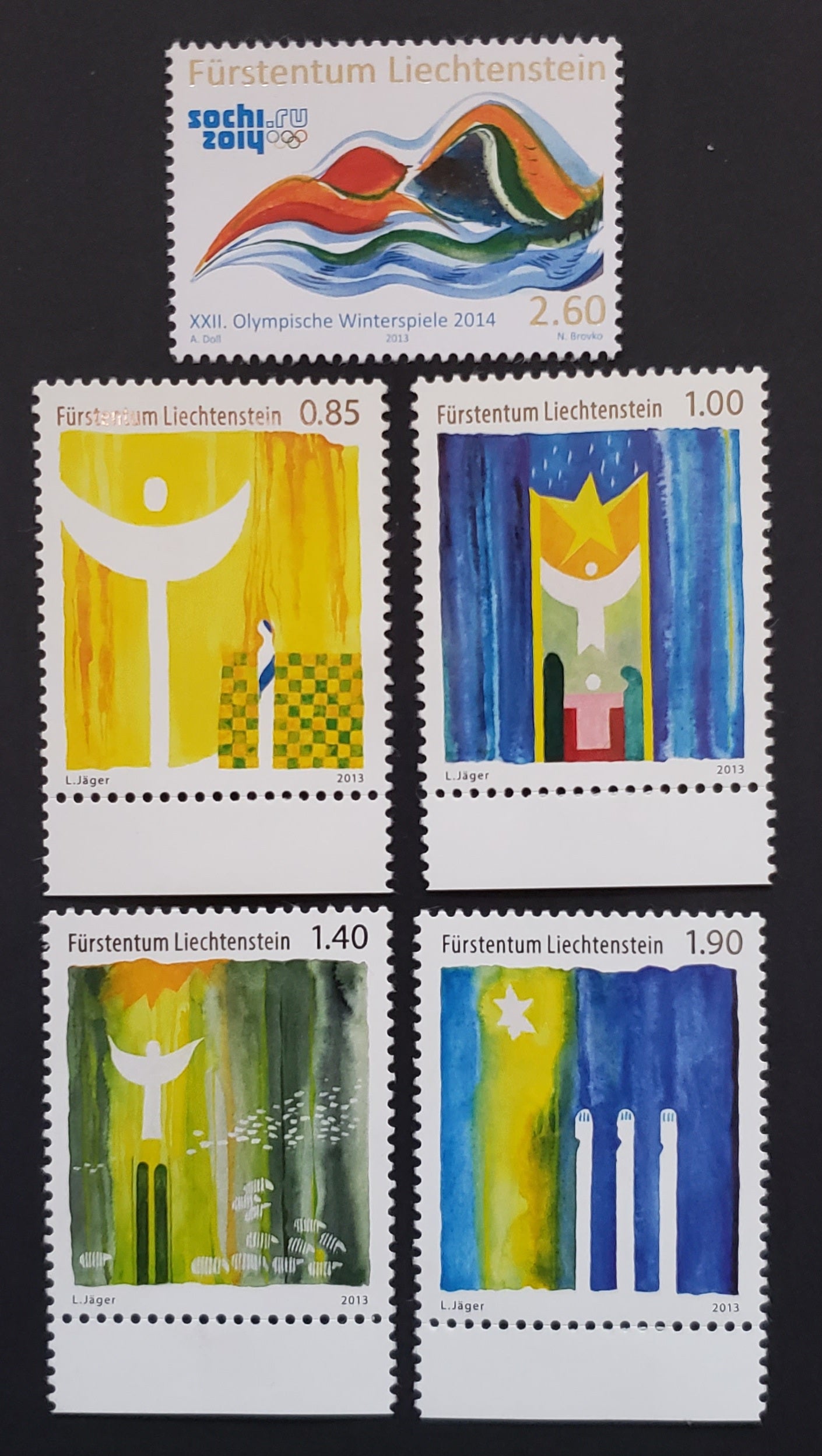 Lot 3 Liechtenstein SC#1593/1598 2013 Winter Olympics / Christmas Issues, 5 VFNH Singles, Click on Listing to See ALL Pictures, 2017 Scott Cat. $17.25