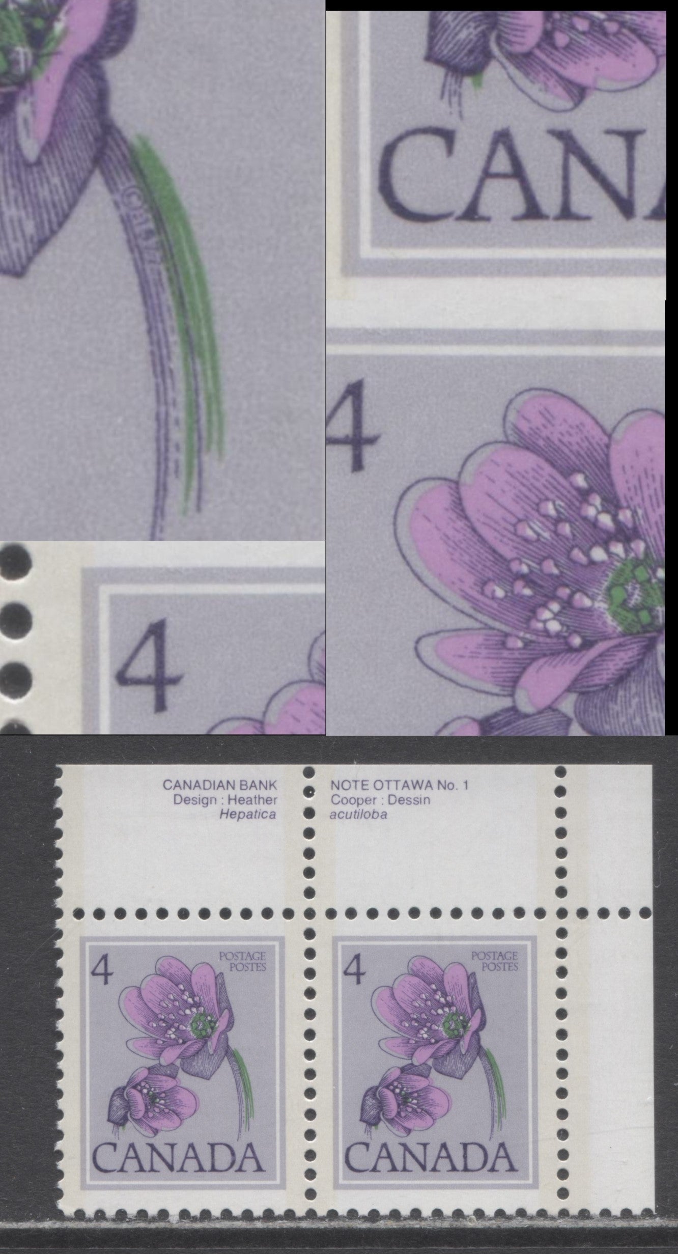 Canada #709var 4c Multicoloured Hepatica, 1977-1982 Floral & Environment Issue, A VFNH Plate Pair CBN Printing On DF1/DF1 Paper, With Satin PVA Gum, Showing A Leftward Shift Of The Dark Purple