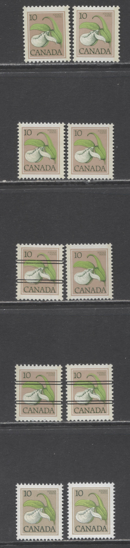 Canada #711-711a, 786 10c Multicoloured Lady's Slipper, 1977-1982 Floral & Environment Issue, 10 VFNH Singkes CBN & BABN Printings on Different DF and LF Papers