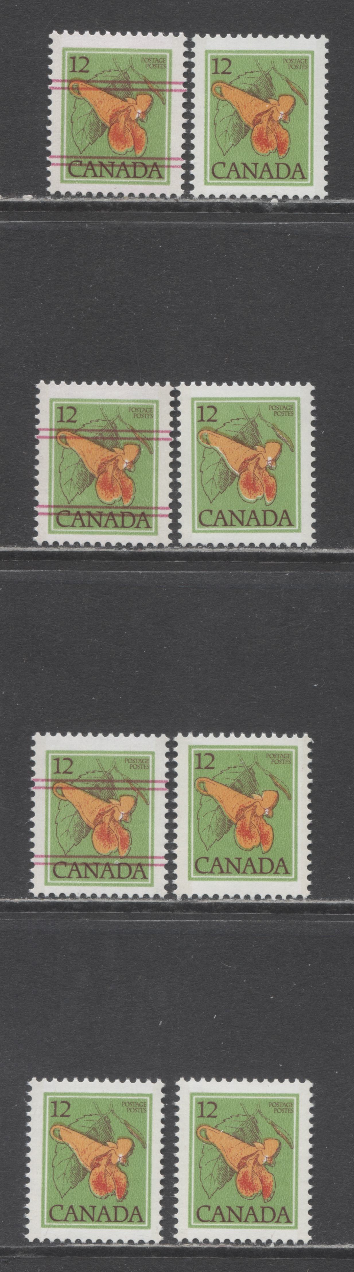 Canada #712-712xx 12c Multicoloured Jewelweed, 1977-1982 Floral & Environment Issue, 8 VFNH Singles Precancelled & Normal Issues On Various DF/DF, DF/LF and LF/F Papers