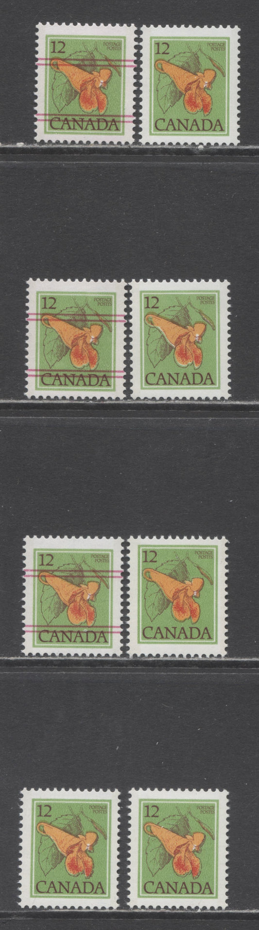 Canada #712-712xx 12c Multicoloured Jewelweed, 1977-1982 Floral & Environment Issue, 8 VFNH Singles Precancelled & Normal Issues On Various DF/DF, DF/LF and LF/F Papers