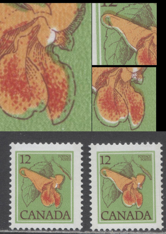 Canada #712var 12c Multicoloured Jewelweed, 1977-1982 Floral & Environment Issue, 2 Fine & VFNH Singles On DF/DF Paper With Different Shifts Of The Maroon Engraving & Yellowish Orange