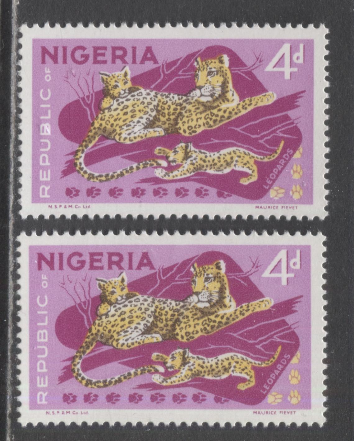 Nigeria #261 (SG#224) 4d Multicoloured Leopards, 1969-1972 NSP&M Wildlife Issue, 2 VFNH Singles Magenta, Larger Imprint, Satin & Shiny Dex Gum, HF/HF Vertical Wove Paper With & Without Clear Mesh