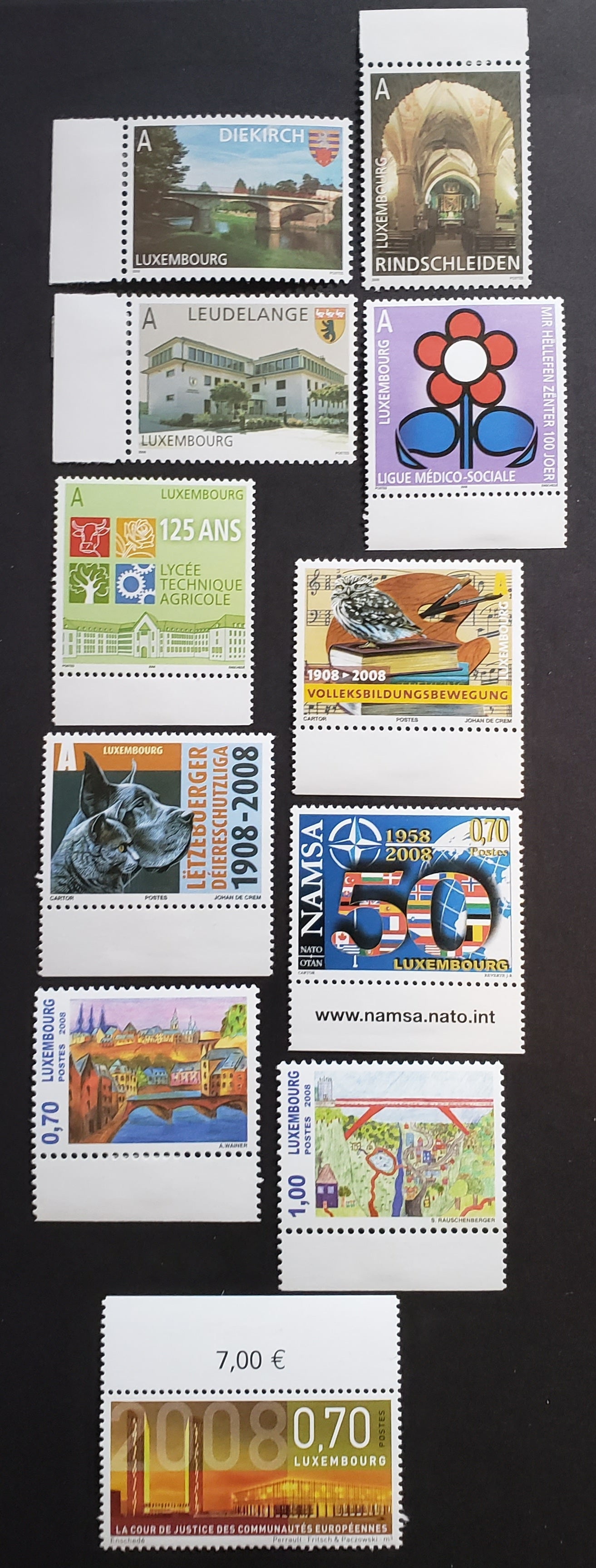 Lot 56 Luxembourg SC#1236/1255 2008 Tourism / New Courthouse Issues, 11 VFNH Singles, Click on Listing to See ALL Pictures, 2017 Scott Cat. $19