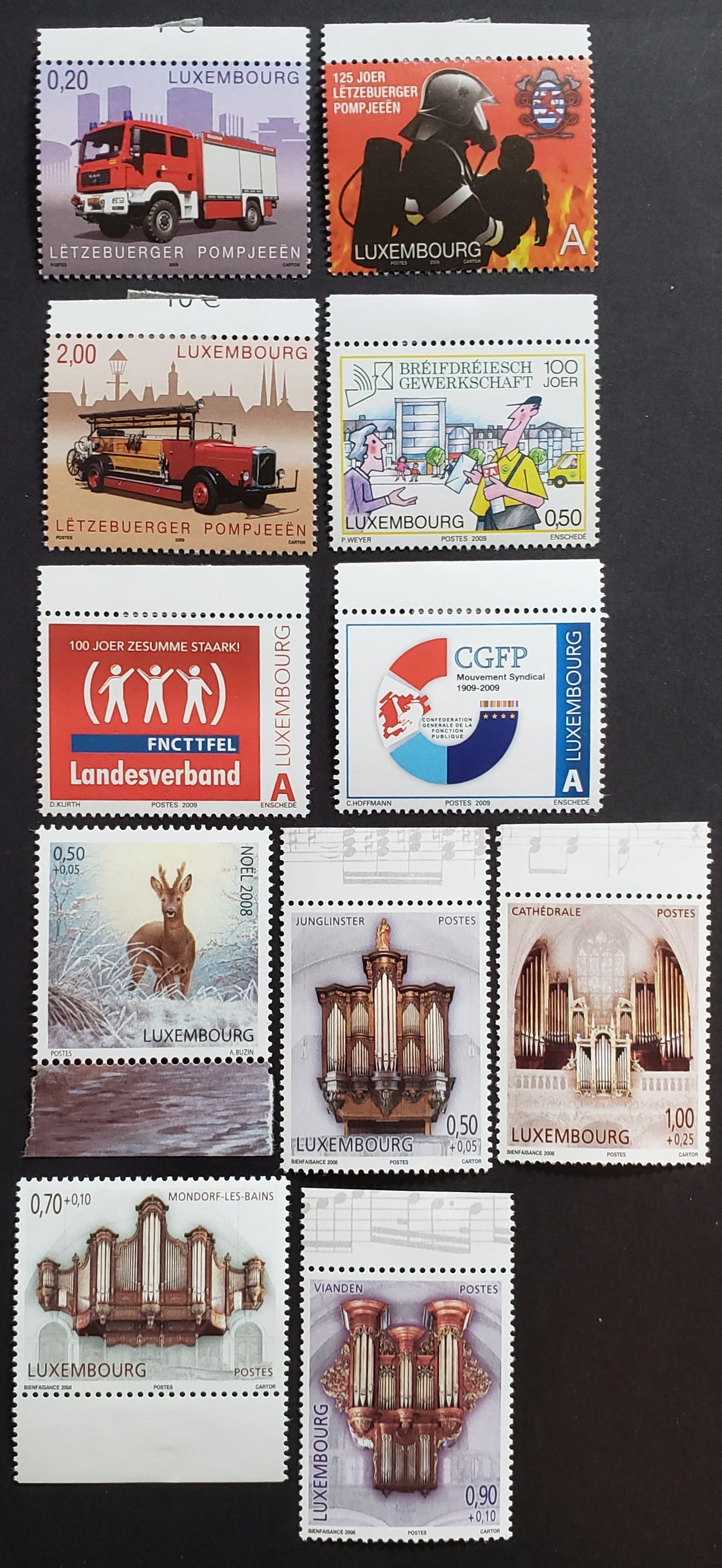 Lot 58 Luxembourg SC#1260/B464 2008 Natl. Federation Of Fire Fighters / Modern Pipe Organs Issues, 11 VFNH Singles, Click on Listing to See ALL Pictures, 2017 Scott Cat. $21.4