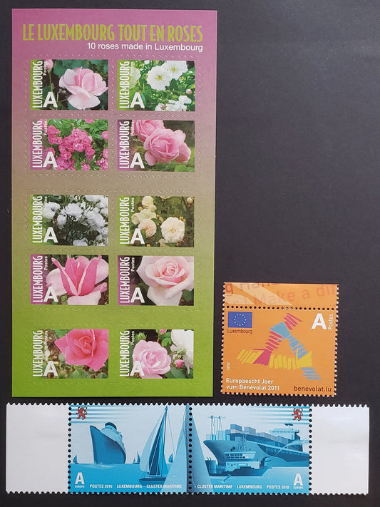 Lot 64 Luxembourg SC#1304/1306 2010 Roses / Year Of Volunteering Issues, A VFNH Single, Booklet Pane Of 10 & Pair, Click on Listing to See ALL Pictures, 2017 Scott Cat. $19