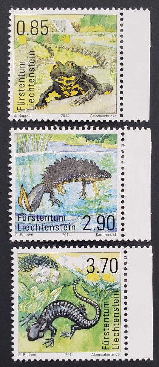 Lot 7 Liechtenstein SC#1609/1611 2014 Amphibians Issue, 3 VFNH Singles, Click on Listing to See ALL Pictures, 2017 Scott Cat. $17