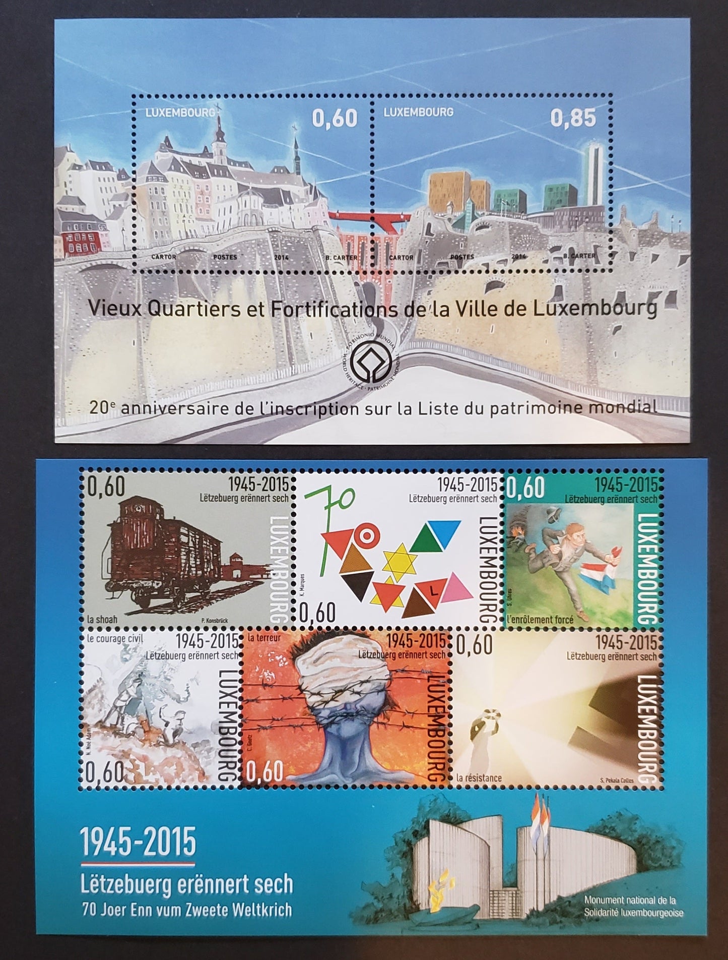 Lot 85 Luxembourg SC#1383/1407 2014-2015 UNESCO / End Of WW II Issues, 2 VFNH Souvenir Sheets, Click on Listing to See ALL Pictures, 2017 Scott Cat. $12.75