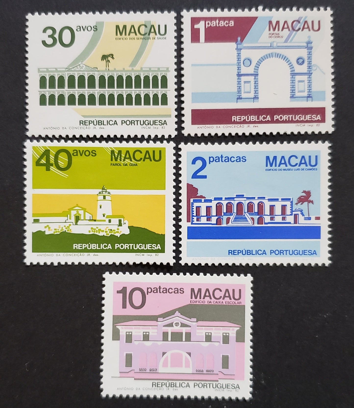 Lot 87 Macao SC#458/462 1982 Pubilic Buildings And Monuments Issue, 5 VFOG Singles, Click on Listing to See ALL Pictures, 2017 Scott Cat. $15.9