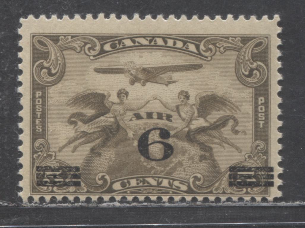 Canada #C3 6c on 5c Olive Brown Winged Figures Against Globe, 1932 Surcharged Airmail Issue, A Fine NH Single