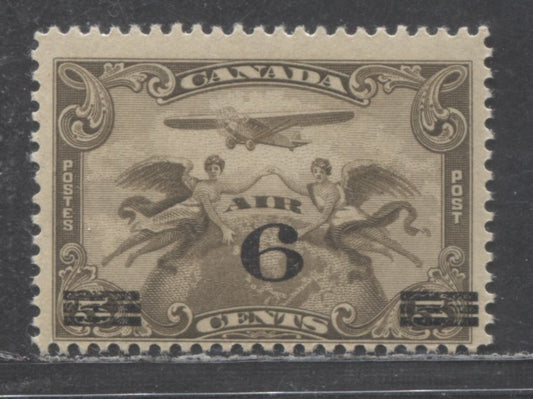 Canada #C3 6c on 5c Olive Brown Winged Figures Against Globe, 1932 Surcharged Airmail Issue, A Fine NH Single