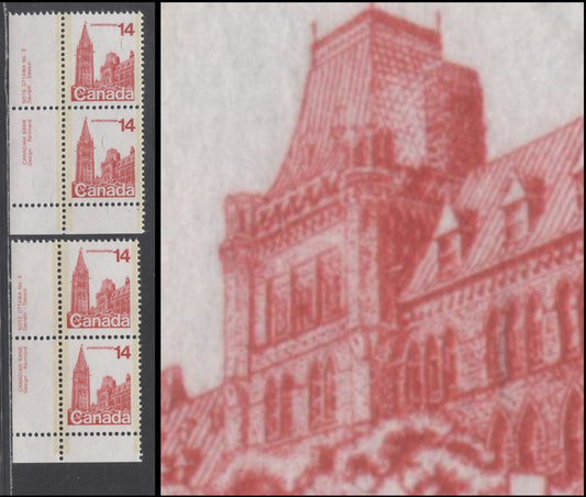 Canada #715viii 14c Rose Red Parliament Buildings, 1977-1982  Floral & Environment Issue, 2 VFNH Plate 2Pairs On LF3/LF3 And MF6/MF6 Papers, Showing The Closed Blind Variety (Pos. 81), Light Tagging