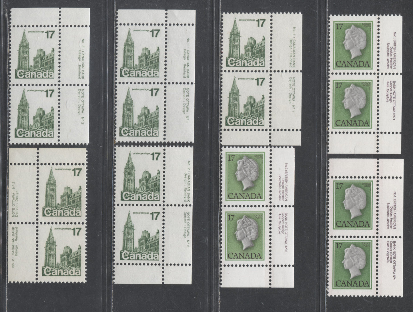 Lot 496 Canada #789, ii-iii, 790, iii, iv 17c Multicoloured & Dark Green Queen Elizabeth II & Parliament Buildings, 1977-1982  Floral & Environment Issue, 8 VFNH Plate Pairs On Various DF/DF, DF/LF, And LF/LF Papers